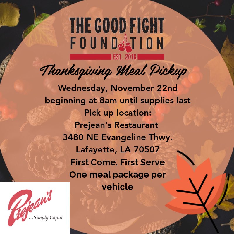 Save the Date 🗓️ We will be hosting our 3rd annual Thanksgiving meal pickup next Wednesday November 22nd beginning at 8am until supplies last! 📍Prejeans Restaurant 3480 NE Evangeline Thwy. Lafayette LA 70507 If you know of someone in need, please send them our way! 🍁🙏🏽🍂