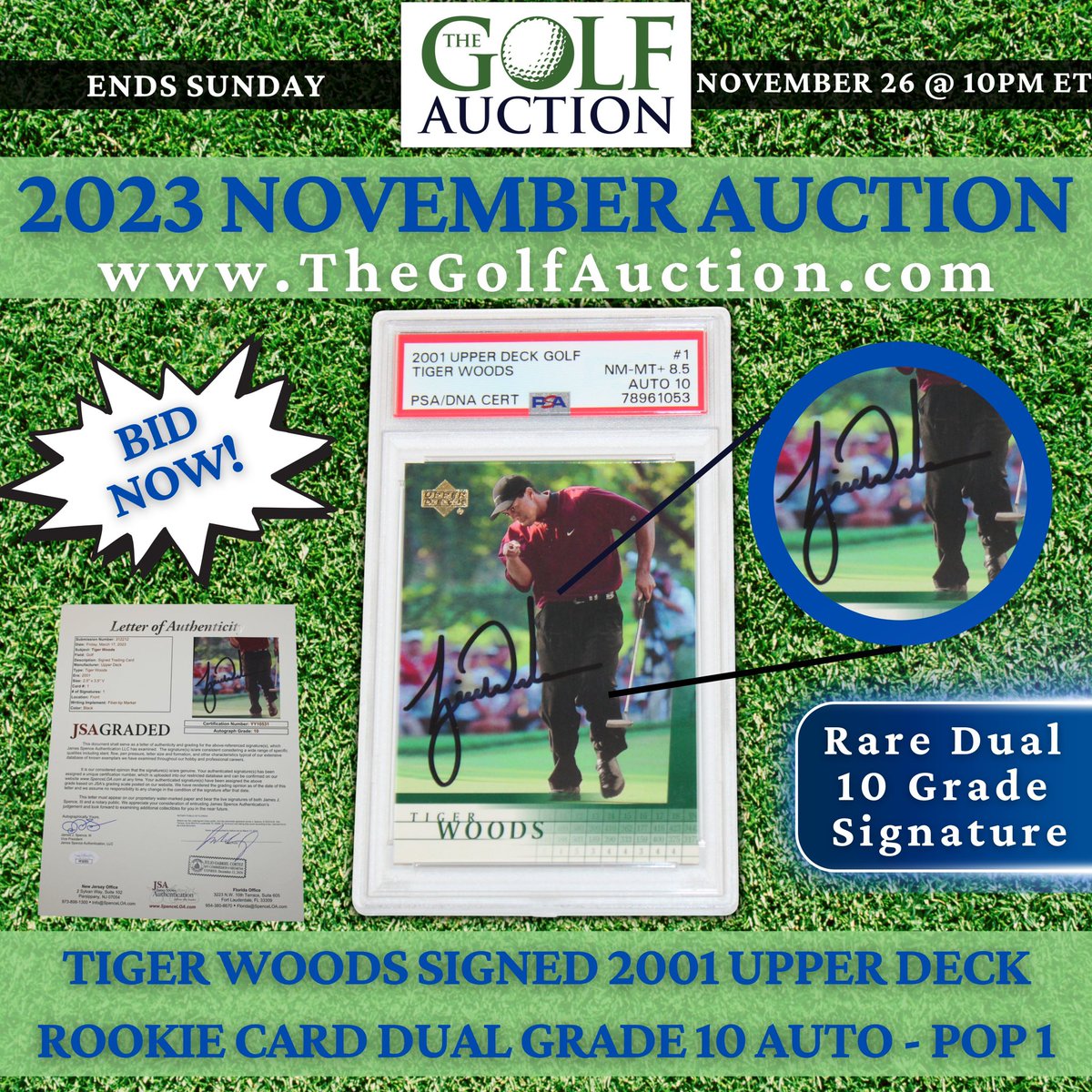 Ending November 26th 👉 Bid Now at The Golf Auction on RARE #TigerWoods signed items! ⛳️

#JSAgraded 10 AUTO Rookie Trading Card

View Auction - bit.ly/49AVAHP

#jsaauthenticated #upperdeck #thegolfauction