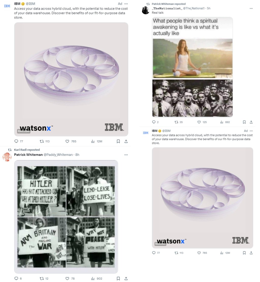 X has been placing ads for brands like Apple, Bravo (NBCUniversal), IBM, Oracle, and Xfinity (Comcast) next to posts touting Hitler and his Nazi Party. Linda Yaccarino previously claimed brands are “protected from the risk of being next to” toxic posts. mediamatters.org/twitter/musk-e…