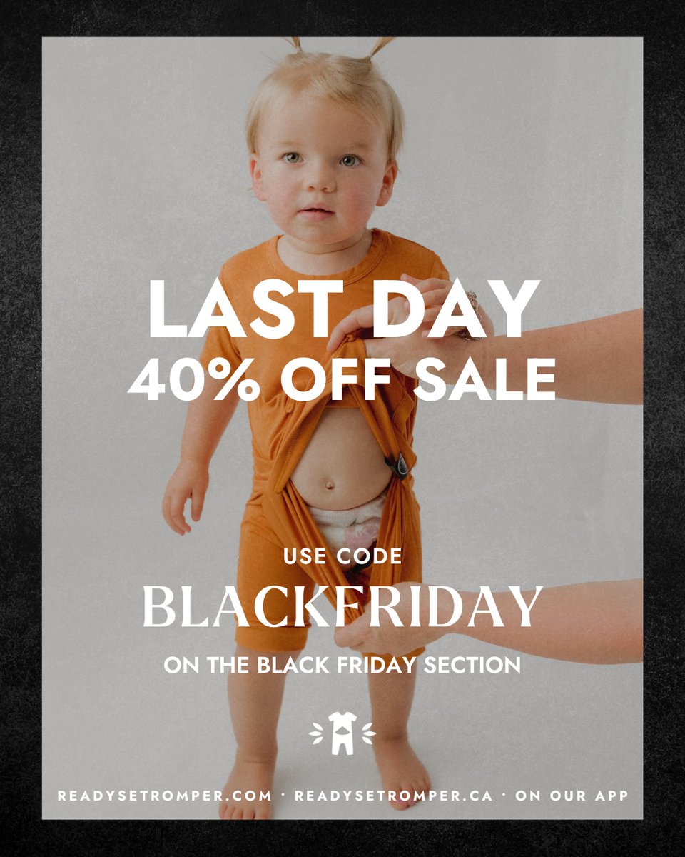 ⏰ Last call for savings! ⚡️ Today is the final day of our awe-inspiring 40% off sale with code “BLACKFRIDAY” 😱⏳ Time is running out, so act fast! Happy shopping! 🌟 #ReadySetRomper #LastDaySale #FinalChance #UnbeatablePrices #ShopNow #LimitedTimeOffer