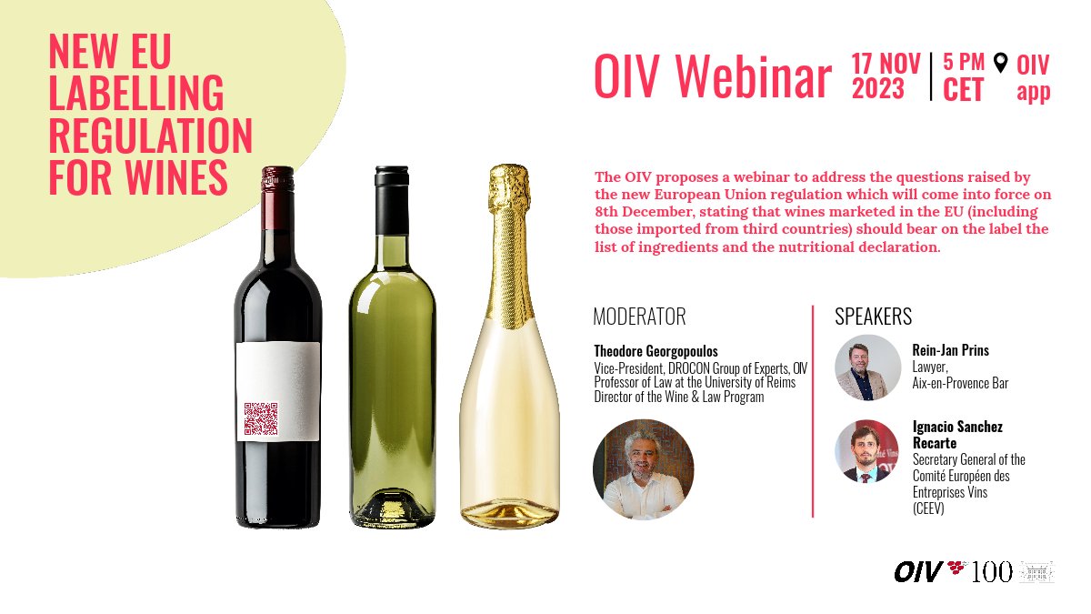 🏷️Labeling webinar  ⏳24h left

📅From december 2023, wines marketed in the 🇪🇺 should bear on the label the list of ingredients and the nutritional declaration    

Find an answer to your questions and register  shorturl.at/GIS78