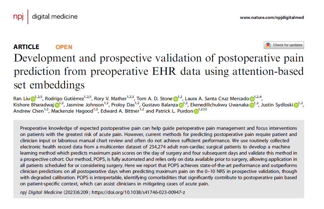 Multicenter EHR data from >234k adult non-cardiac surgical patients is used to predict maximum pain after surgery. This #MachineLearning model prospectively outperformed clinicians, & can identify comorbidities that drive postoperative pain. nature.com/articles/s4174…