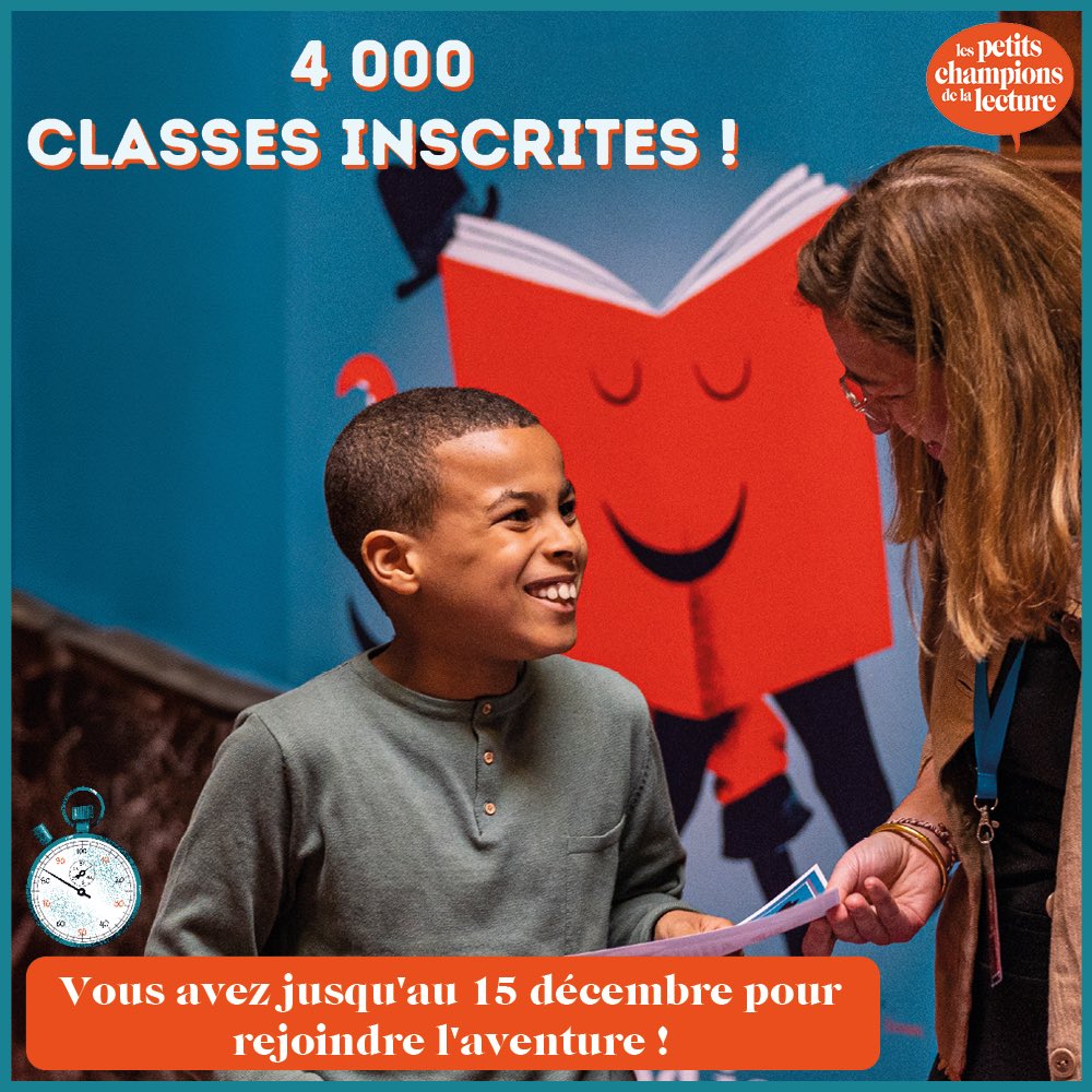 Le chiffre du jour : 4000 🎉
 
C’est le nombre de classes qui sont déjà inscrites à la 12e édition des Petits champions de la lecture ! BRAVO 👏👏👏

Et ce n’est pas fini ! Car les inscriptions sont ouvertes jusqu’au 15/12 : lespetitschampionsdelalecture.fr/le-jeu/comment…

A qui le tour ? #lire #lecture