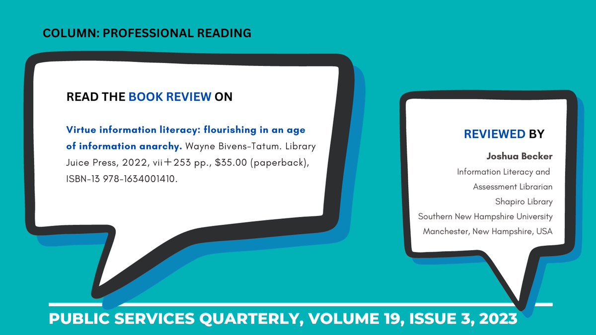 PublicServicesQ's tweet image. Joshua Becker, @SNHULibrary librarian, wrote a book review on Virtue Information Literacy by Wayne Bivens-Tatum, @PULibrary librarian, published by @LibJuicePress.  Read more at
doi.org/10.1080/152289… #informationliteracy #ethics #bookreview #academiclibrarianship