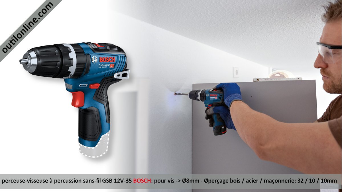 OutilonlineCom's tweet image. #outillage #perceusevisseuse sans-fil percussion GSB12V-35 #BoschPowertools outilonline.com/catalog/perceu… Poids 1kg. Pour #vis jusqu&apos;à Ø8mm! Perçage #bois / #acier / #maçonnerie: 32 / 10 / 10mm. Ultra maniable. Idéale #agenceur #electricien #menuisier #artisan