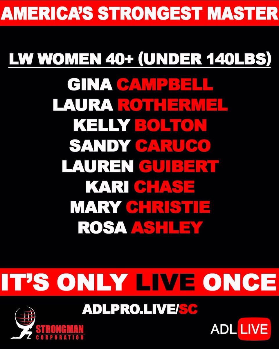 We’d like to introduce our LW MASTERS WOMEN!!!!

Please support our Masters athletes by tuning into the livestream this Saturday, November 18th only on @adlpro.live 

adlpro.live/SC/
