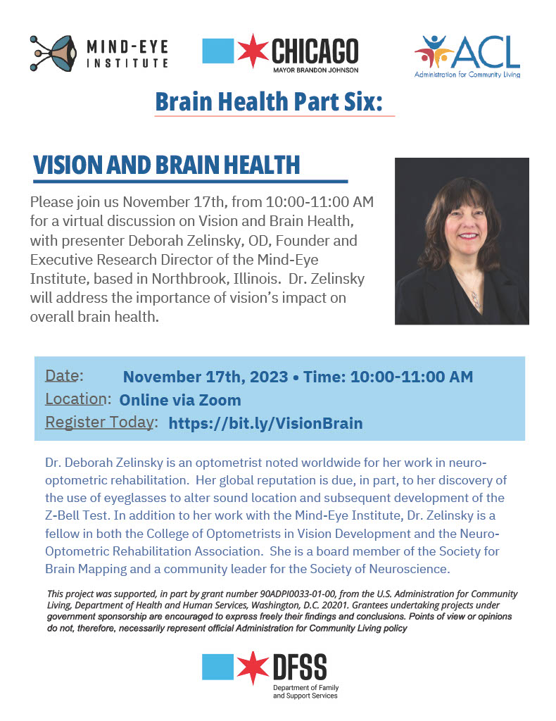 Join DFSS' Senior Services Division for a virtual discussion on Vision & Brain Health, Friday, 11/17, 10am-11am with Deborah Zelinsky, Founder & Executive Director of @mindeyeconnect as she discusses the impact of vision on brain health. Register: bit.ly/VisionBrain