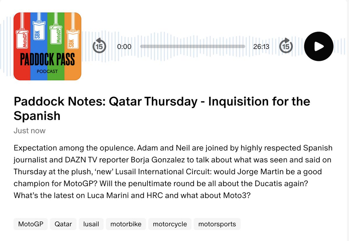 First Paddock Notes show from the Lusail International Circuit & very cool to have the insight & knowledge of @BorjaGonzalezG on the podcast, along with Adam and Neil: Would Jorge Martin be a good champ? The Ducatis again? The latest on Marini+HRC & more: on.soundcloud.com/JU9a4
