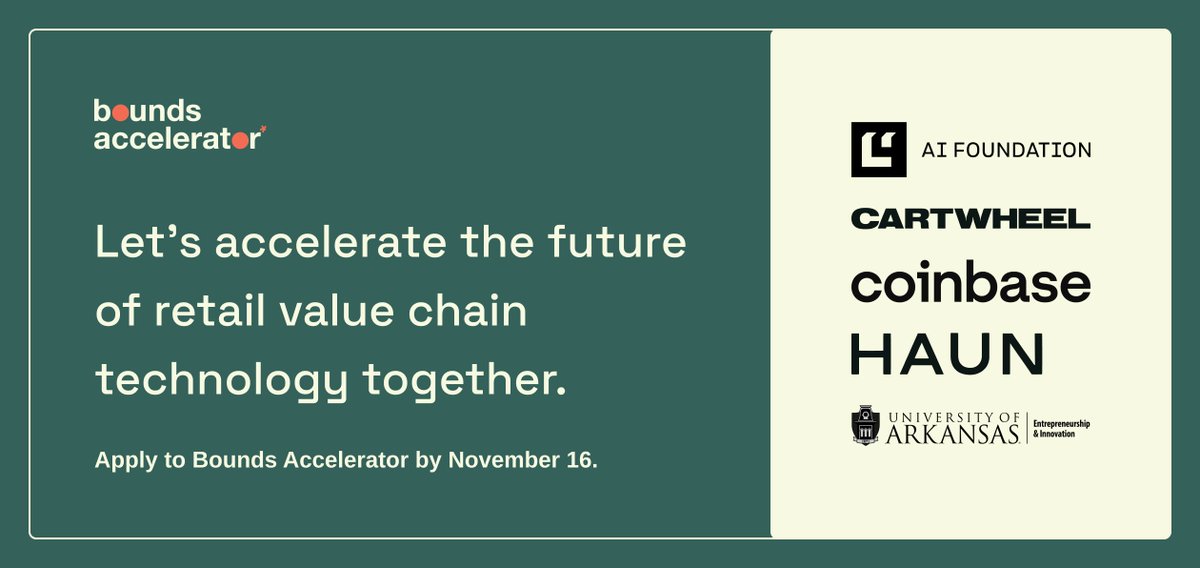 Join us in the #BoundsAccelerator, an #Arkansas-based startup hub revolutionizing retail tech with blockchain, AI, AR, and VR.   

We're seeking 10 ambitious startups for our 16-week program starting 1.8.24.   

Apply by Nov. 16: bounds.cartwheel.studio/application 

#DigitalTransformation