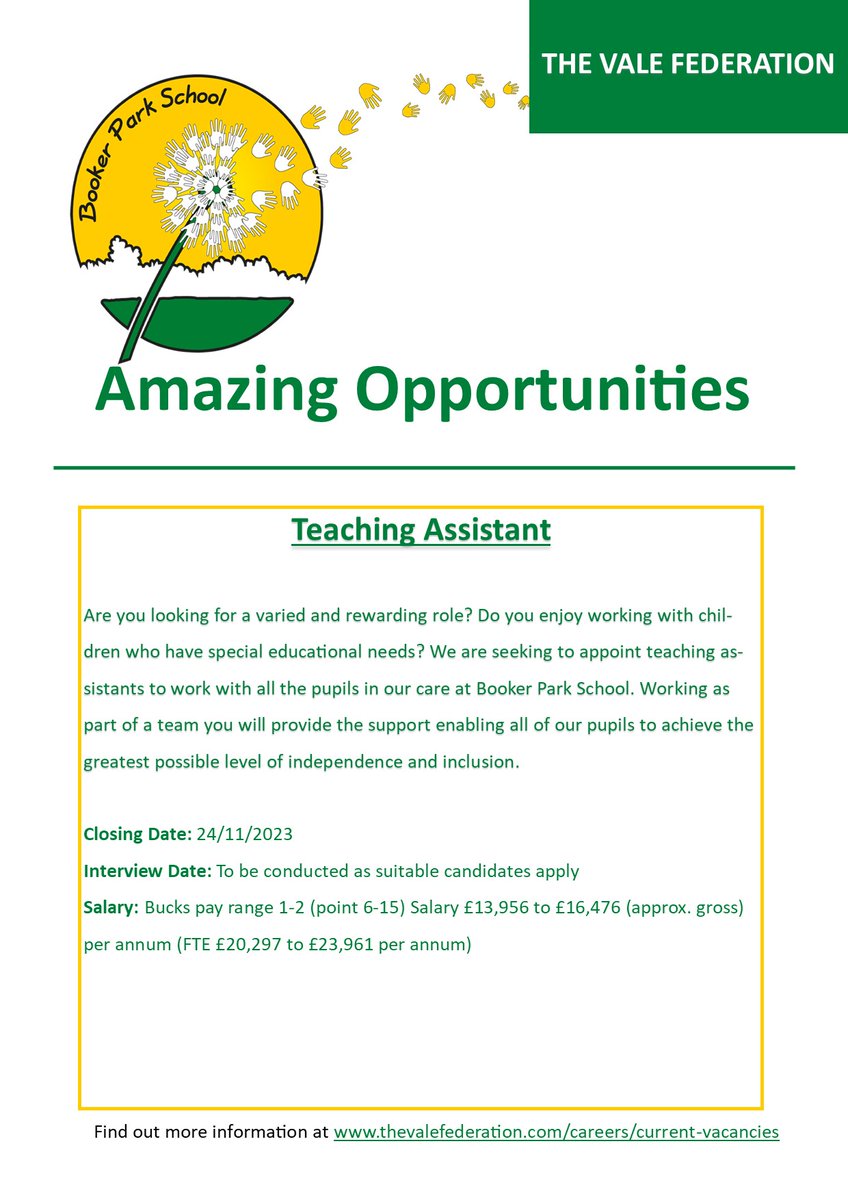Don't miss out on these amazing opportunities at The Vale Federation of Schools. Click the link to find out more: thevalefederation.com/careers/curren…
