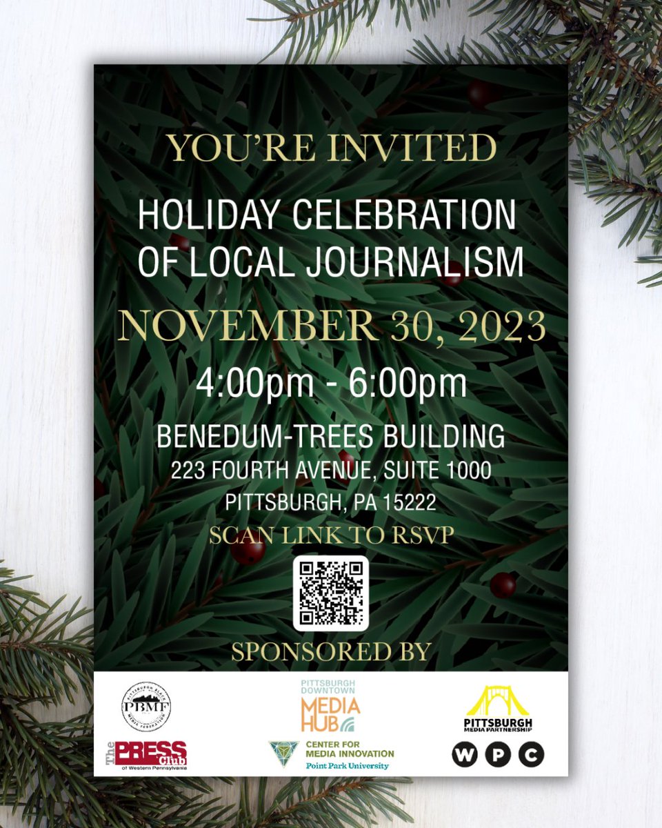 🎉✨ YOU'RE INVITED! ✨🎉

Join us in celebrating local journalism and kicking off the holiday season at the Pittsburgh Downtown Media Hub on Thursday, November 30, 4-6 pm! 📰✨ 🎄

Eventbrite link in 🧵⬇️