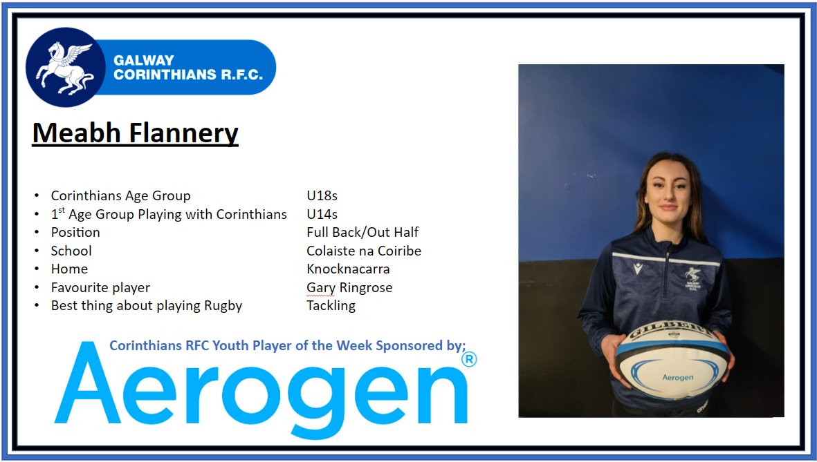 CorinthiansRFC's tweet photo. The Galway Corinthians RFC @Aerogen Youths Player Of The Week is.....
MEABH FLANNERY! https://t.co/am4uRla07G