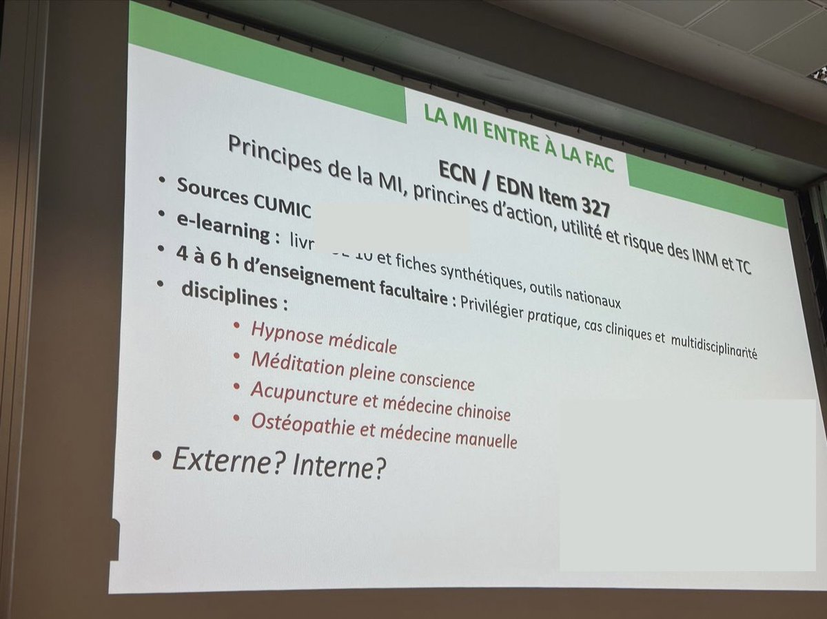 Bon…
Je suis très partagé 
Vous en pensez quoi ?
On me partage ceci : enseignement en second cycle de médecine dans une faculté en France 🇫🇷 
C’est bien le problème de ce nouvel item « médecine intégrative » que je dénonce en partie : c’est un fourre tout 
Autant l’hypnose peut