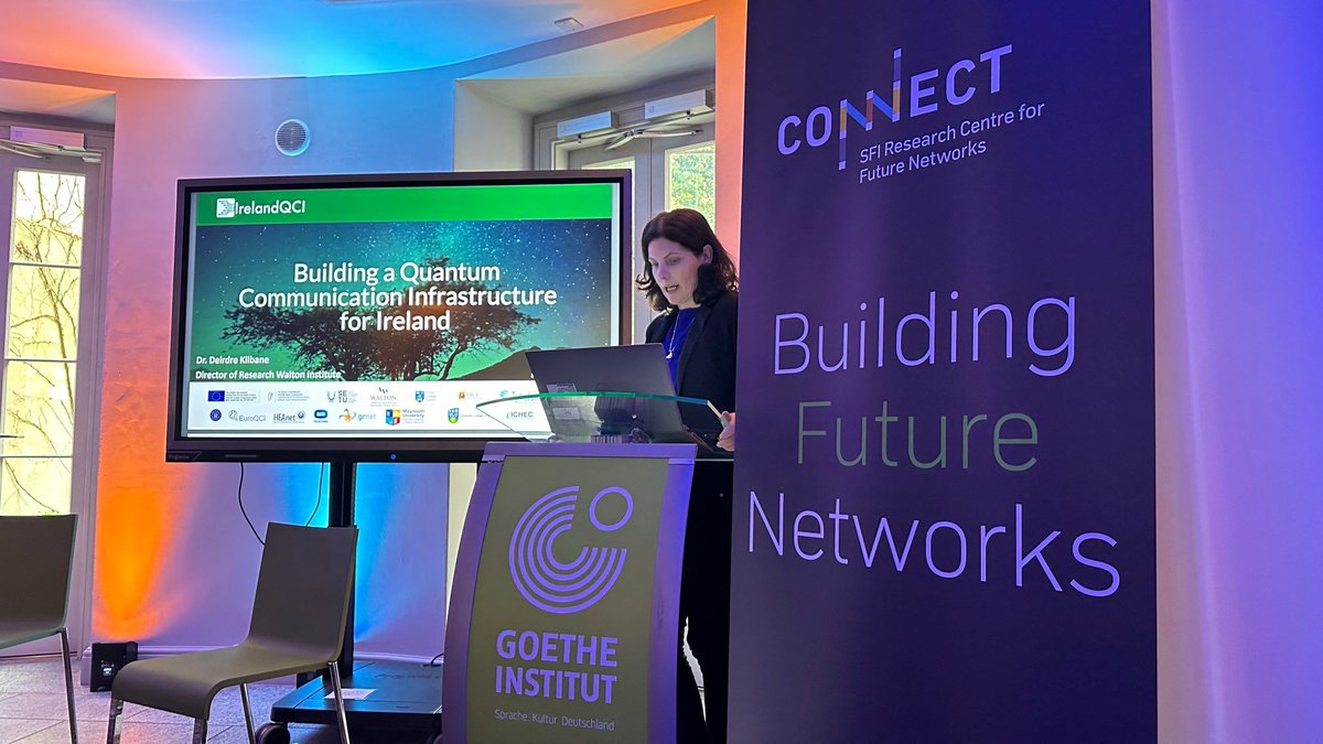 Dr. @DeirdreKilbane, Director of Research @WaltonInst introduced #IrelandQCI, a €10m #Quantum Internet project at event Quantum Internet 2023 in Dublin today, hosted by @scienceirl @connect_ie and held at @GI_Irland. @tcdengineering #ScienceWeek23 ⁩
