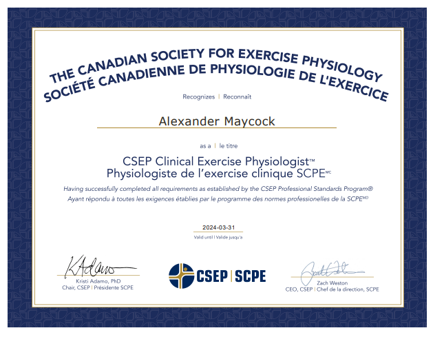 I'm proud to have recently attained the @csep_scpe Clinical Exercise Physiologist #CEP designation as an indicator of my capacity to assess and prescribe exercise programs for both healthy and clinical populations. 
Learn more about the qualification here csep.ca/csep-certifica…