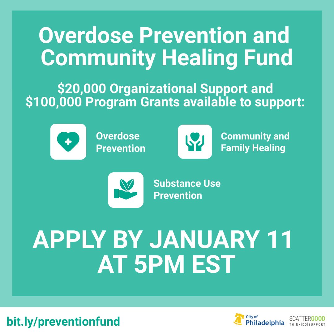 🚨GRANT OPPORTUNITY🚨 We're partnering again with @PhiladelphiaGov to launch the 2nd round of Overdose Prevention & Community Healing Fund. App pd open now - Jan 11 Info sessions offered on Dec 5 and Dec 6 More at bit.ly/preventionfund