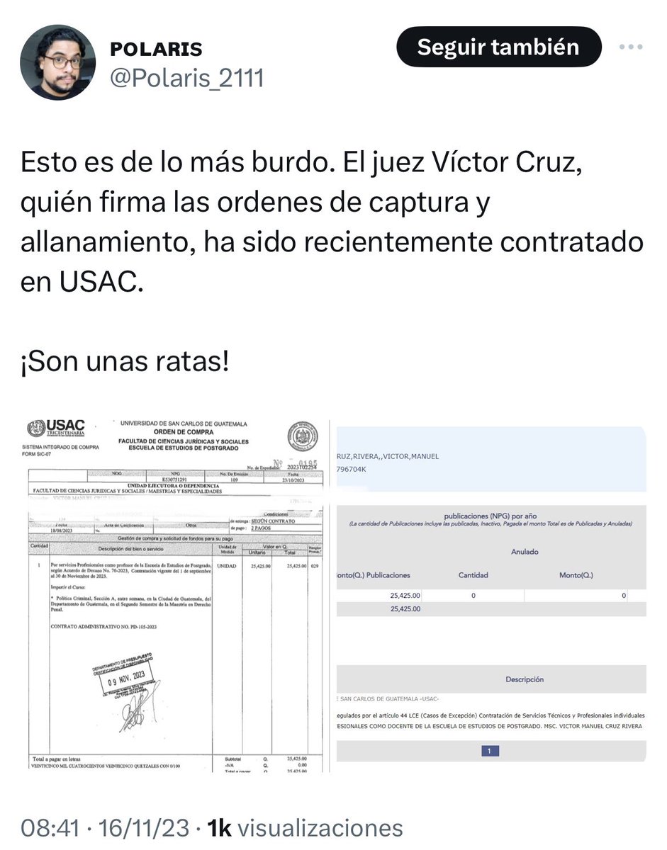 ManfredoGuate's tweet photo. 🚨URGENTE 🚨Los allanamientos al parecer estarían relacionados con la toma de la Universidad de San Carlos de Guatemala - USAC-, en resistencia a la imposición del rector. El juez Víctor Cruz, quien firmó las órdenes de captura.
Al parecer tiene contrato vigente con la USAC por Q25, 425.00 del 1 de septiembre al 30 de Noviembre de 2023. conforme documentos que circulan en redes sociales.
📷 imágenes tomadas de perfiles de twitter: 👁️👇🏾
