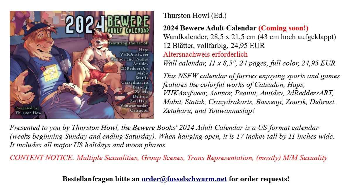 Fusselschwarm's tweet photo. Yesterday @BewereBooks announced their adult calendar for 2024: One hot sport themed illustration for each month by some of the best furry artists out there.🏀🍆💦

As always we will import the calendar to the EU and take pre-orders in the meantime. Feel free to contact us. https://t.co/A6fMXm8KQK