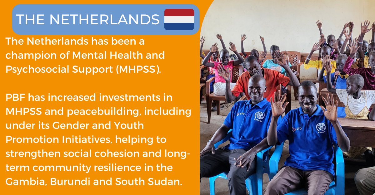 UNPeacebuilding's tweet photo. @DutchMFA @KingdomNL_UN @yokabrandt @BTahzibLie The Netherlands🇳🇱 has been a champion of Mental Health and Psychosocial Support.
PBF has⬆️investments in #MHPSS & peacebuilding, including under its #GYPI, helping to strengthen social cohesion and long-term community resilience in the Gambia🇬🇲, Burundi🇧🇮 and South Sudan🇸🇸. https://t.co/hlI8ieMV9d
