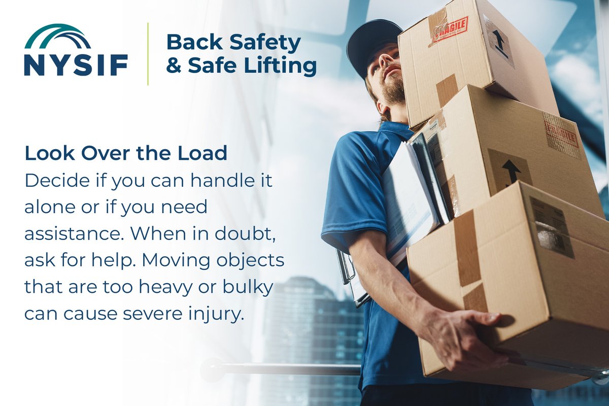 NYSIF_1914's tweet image. #NYSIF Monthly Safety Topic: Back Safety & Safe Lifting    
Safe lifting can keep you from hurting your back. A few simple safety measures can go a long way toward preventing back injuries, strains & cuts.     #workerscomp #workerprotection
