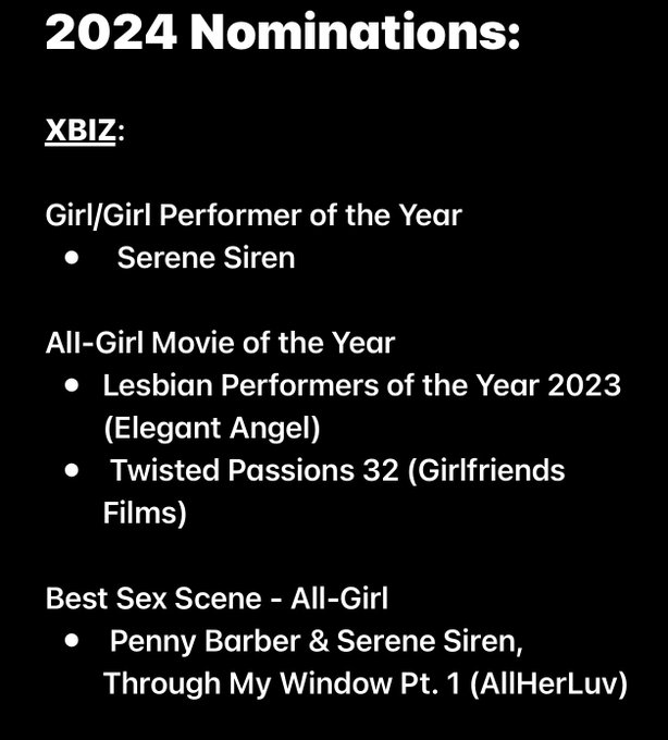 Thank you so much @XBIZ for the nominations! I&rsquo;m sorry I couldn&rsquo;t make it to the party last night, but<a class="tags" href="/tag/xbiz">@xbiz</a>