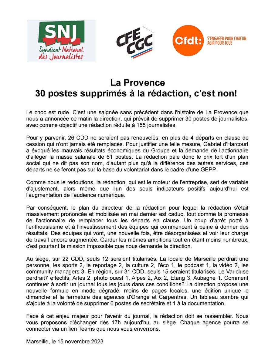 La grève reconductible a été votée très largement à l'issue de l'assemblée générale de la rédaction : 88,5% de oui ! (90% de participation) 
Le SNJ réuni en bureau national ce jeudi 16 novembre apporte tout son soutien aux salariés de <a href="/laprovence/">La Provence</a> ✊️✊️✊️