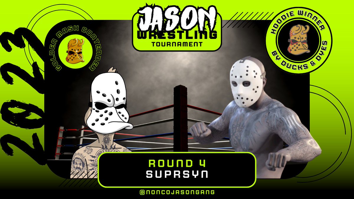 Rounds 4 and 5 last night were lit! Congrats to <a href="/tysonegbert/">Jeeper2000.eth</a> and <a href="/panduh_gtr/">messii.eth</a> who will advance to the Finals! 💪🪜🩸🔪
Shout out to <a href="/suprsyn_/">SuprSyn</a> and <a href="/1Perseus/">Crypto Chase</a> for winning the Custom Golden Mask Jason hoodies! 
See yall tomorrow at 9pm EST for the final matches before the finals! 🏆