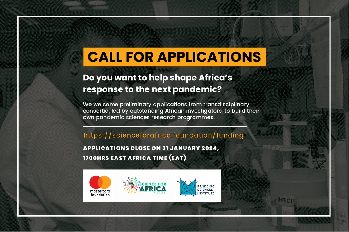 MastercardFdn's tweet photo. 📢 Call for applications!  

Are you passionate about accelerating African-led research & innovation? We've partnered with @SciforAfrica and @PSIOxford to establish networks of research excellence in epidemic and pandemic sciences across Africa.   

Learn more https://t.co/oMpSytoYem