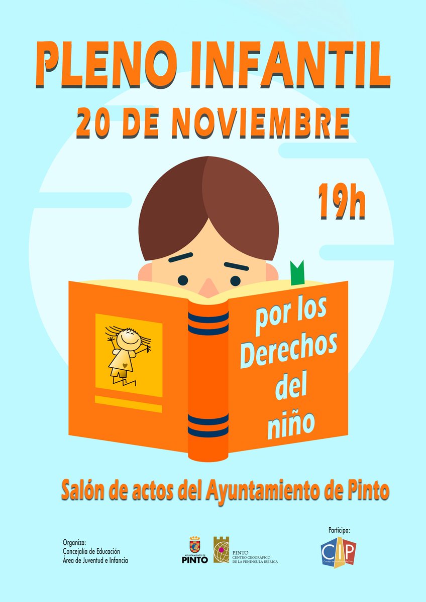 Este lunes a las 19:00 horas Pleno Infantil por el #DíaMundialdelaInfancia, con la presencia del Consejo de la Infancia y Adolescencia del <a href="/AytoPinto/">Ayuntamiento de Pinto</a>. En el Salón de Plenos del Ayuntamiento.