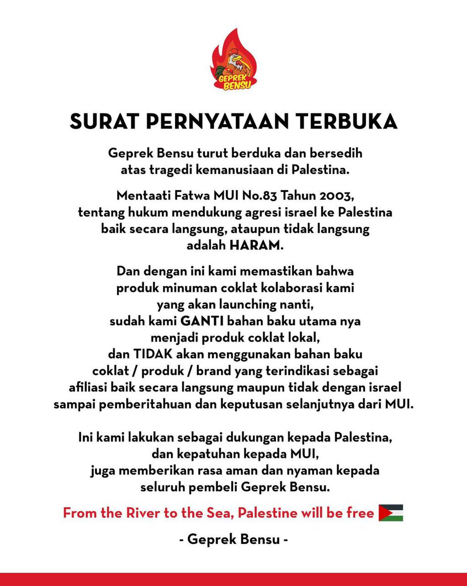 Dengan ini Geprek Bensu memastikan bahwa bahan baku dari Geprek Bensu TIDAK akan menggunakan produk/brand yang terindikasi sebagai afiliasi baik secara langsung atau tidak dengan 1sr4eL.
.
From the River to the Sea, Palestine will be free 🇵🇸