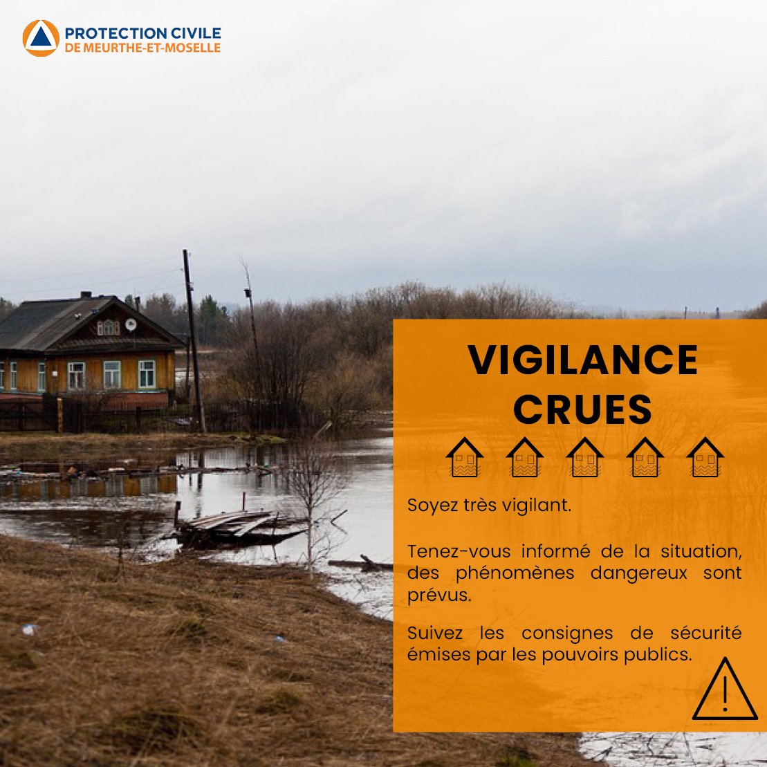 Protec54's tweet photo. #Meteo54
Le Département de Meurthe-et-Moselle est placé en vigilance Orange crues par Météo-France et le Préfet de Meurthe-et-Moselle.
➡️ Prudence dans vos déplacements ⚠️
➡️ N'appelez les secours qu'en cas d'urgence ☎️112
➡️ Ne vous engagez pas dans des routes inondées ⚠️ https://t.co/Y7VfdAZgZa