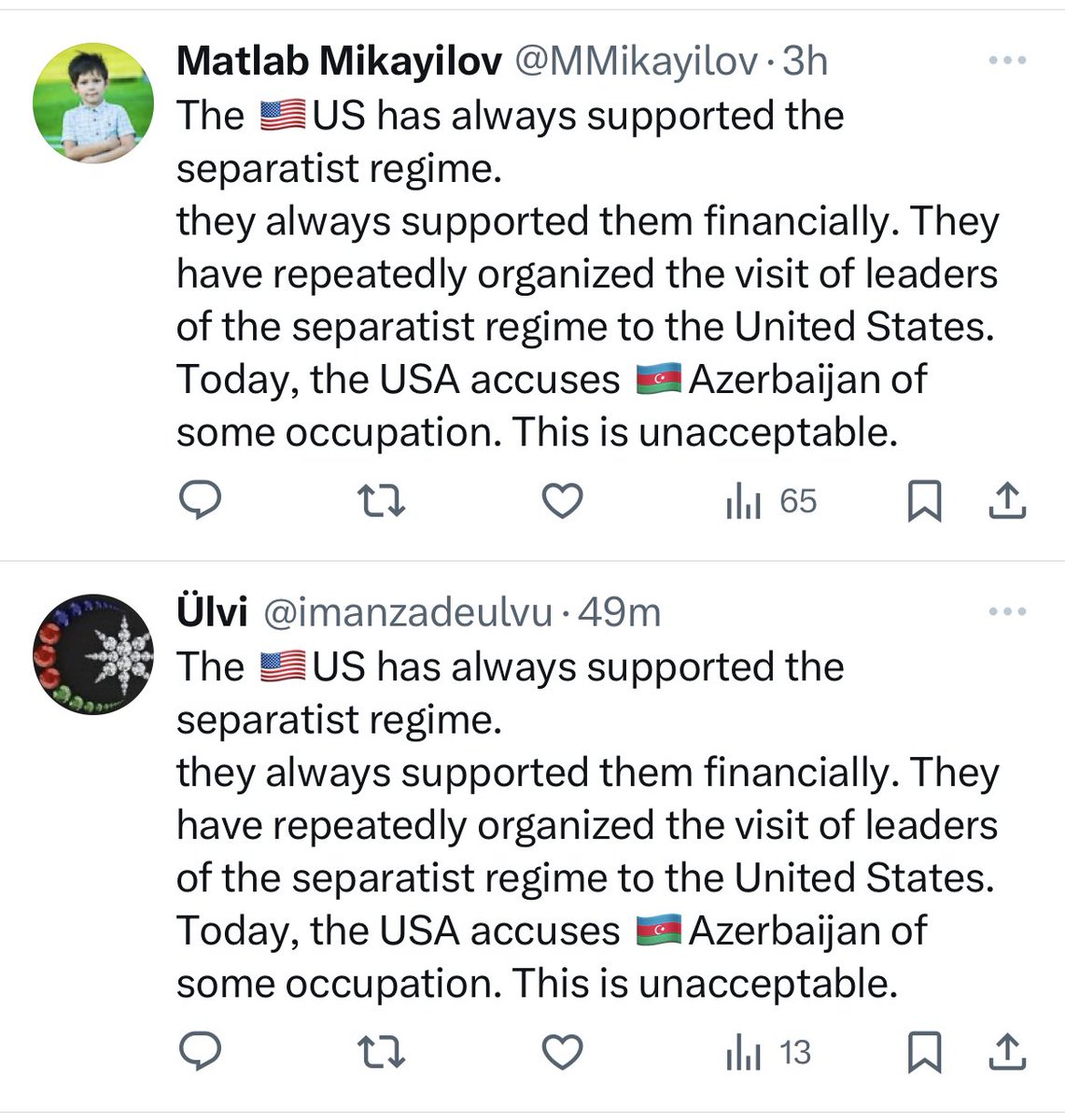 labovian's tweet photo. Now this is what I call “unity and unanimity of a nation”! 🙃
Comments of Azerbaijanis under their MFA’s post regarding O’Brien’s statements. Different people unanimously saying the very same thing. Even the typos and mistakes are the same! 
#Azerbotjan https://t.co/6EX1cp2Xbf