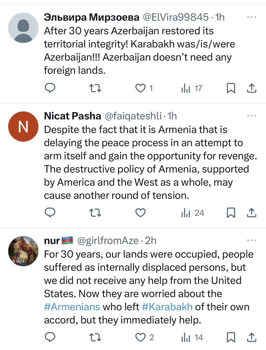 labovian's tweet photo. Now this is what I call “unity and unanimity of a nation”! 🙃
Comments of Azerbaijanis under their MFA’s post regarding O’Brien’s statements. Different people unanimously saying the very same thing. Even the typos and mistakes are the same! 
#Azerbotjan https://t.co/6EX1cp2Xbf