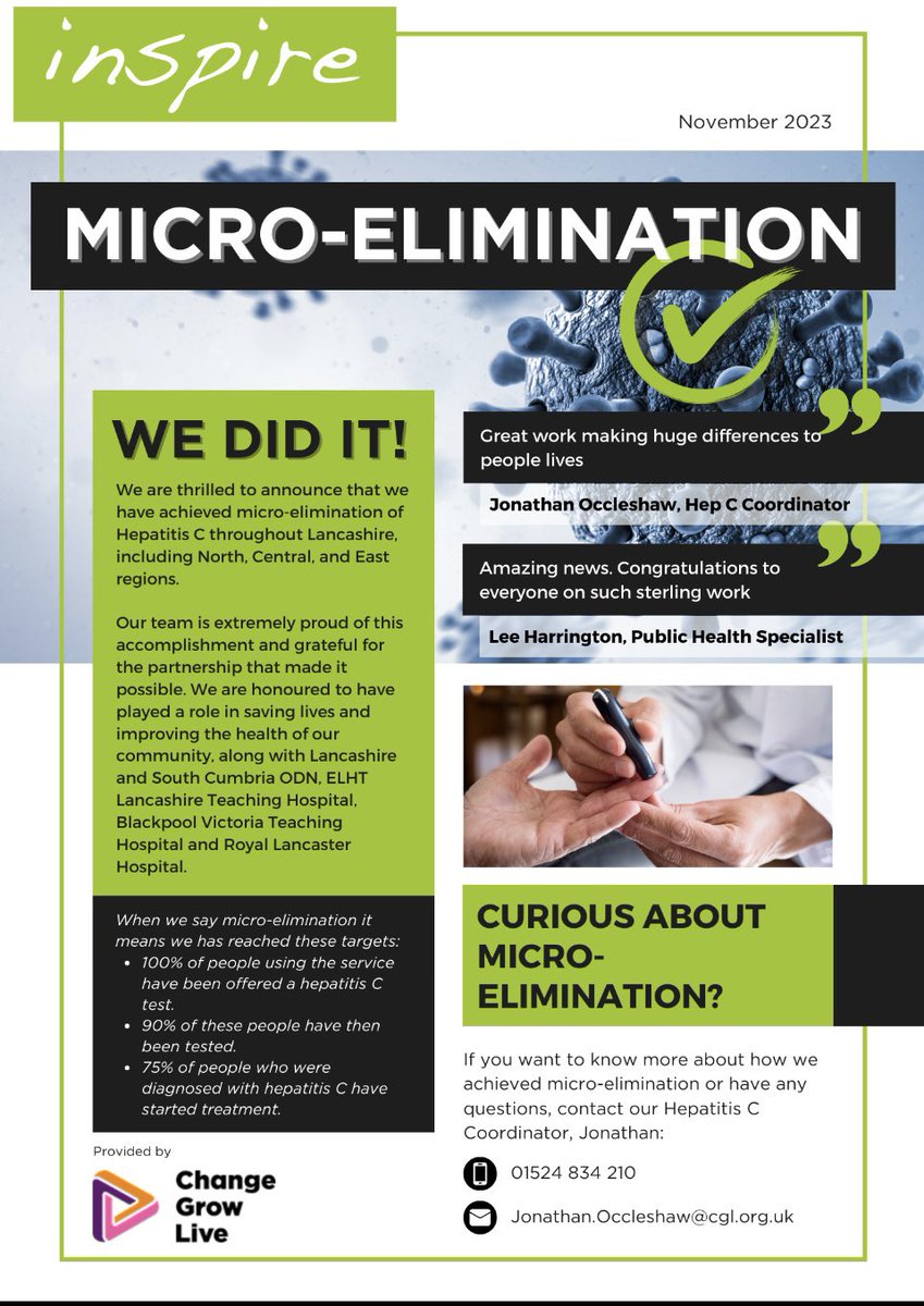 A very proud achievement for @changegrowlive @InspireLancs and @InspireEastLanc along with our wonderful partners. Literally saving lives. Lancashire is micro-eliminated of hepatitis C. #microelimination #savinglives #proud @dr_sakthi @LancashireCC ❤️