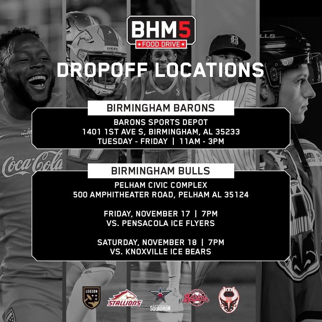 Join the BHM5, The Birmingham Stallions, The Birmingham Bulls, The Birmingham Legion, The Birmingham Squadron, and The Birmingham Barons to combat hunger in Central Alabama. Donations will benefit the Community Food Bank of Central Alabama! #BHM5FoodDrive