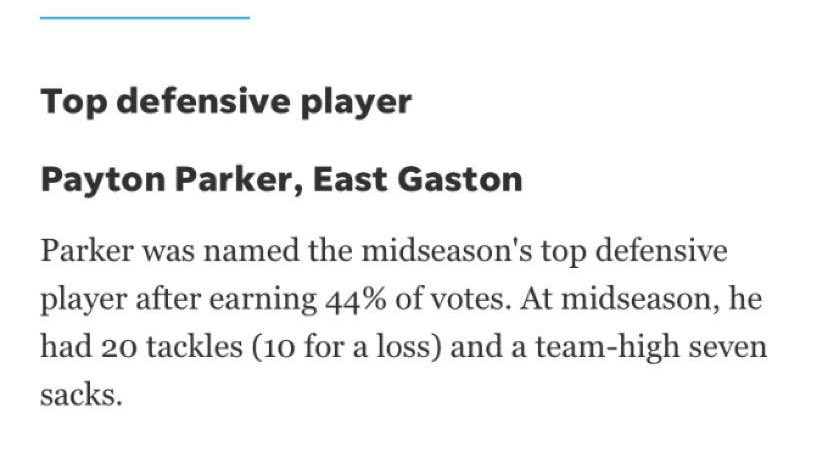 Very thankful to be named Gaston Gazette and Star Fans Midseason Defensive Player of the Year ‼️
<a href="/CoachPostell/">JT Postell</a> @EGWarriorsFball <a href="/GazetteSports/">GastonGazetteSports</a>