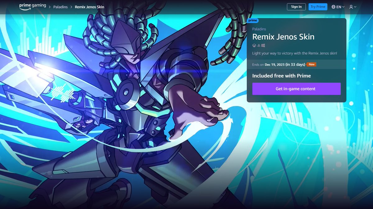 TheVisoman's tweet photo. Get your Remix Jenos Skin free with Prime Gaming! #Paladins #HiRez #PrimeGaming #Jenos #RemixJenosSkin #PCgaming #videogames https://t.co/JhAlFU1wl3