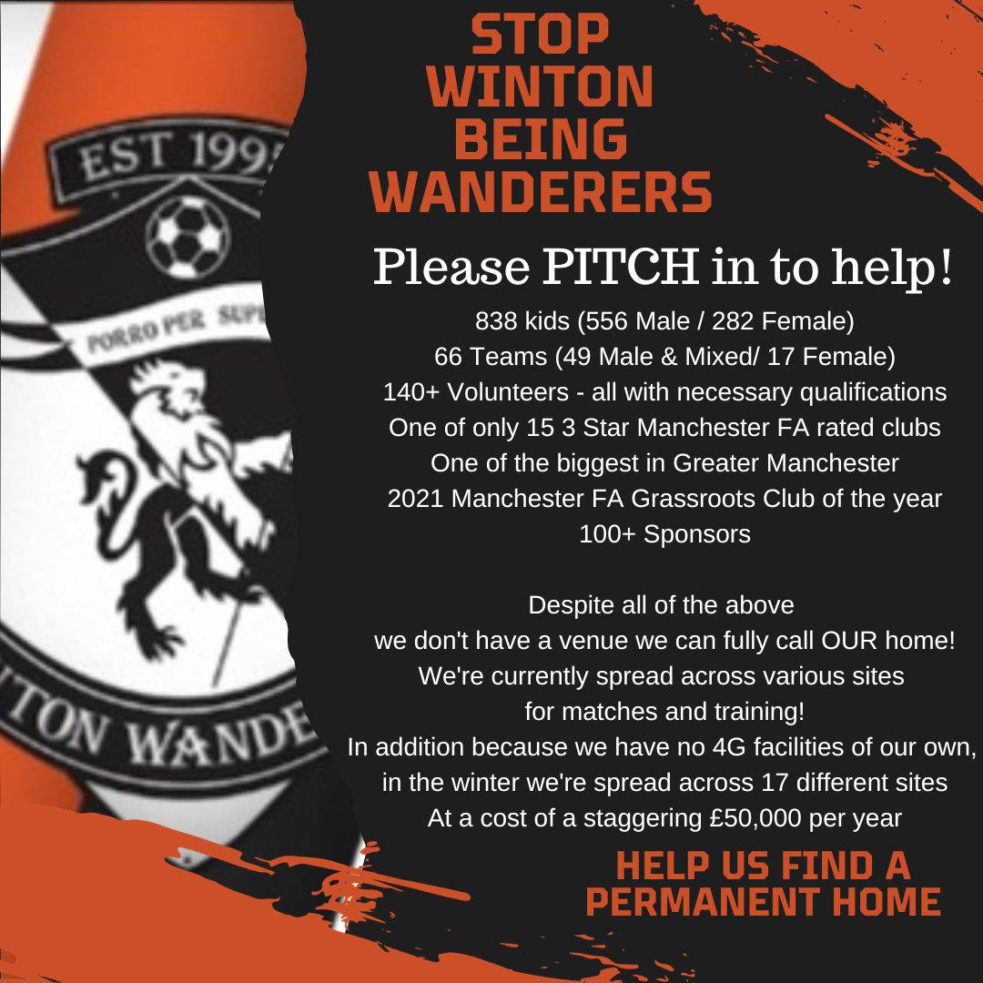 wintonwanderers's tweet image. Stop Winton being Wanderers, please PITCH in to Help!

3rd week on the bounce that our pitches have been deemed unplayable. 

Please help by liking, sharing, tagging companies and councillors, local authorities and sports associations.

Let's get Winton a permanent home! 🟠⚫️