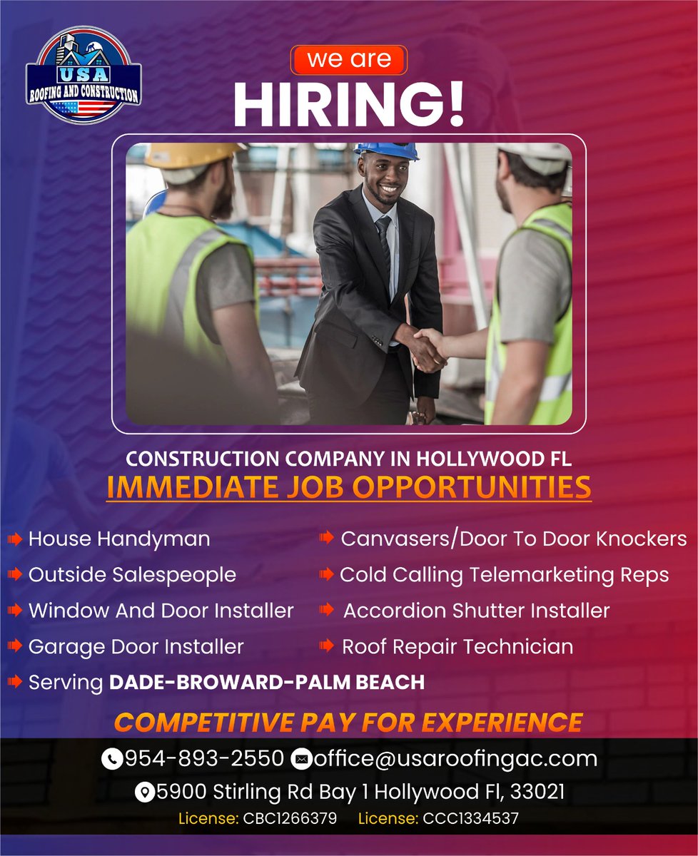 WE ARE HIRING!!!
USA ROOFING AND CONSTRUCTION COMPANY a licensed and insured Building contractor in Hollywood Florida.
Send your resume to office@usaroofingac.com 

#thursdayvibes #MyGiftToYou #ThursdayThoughts #thursdaymorning #ThankfulThursday   
|Good Thursday Happy Friday Eve