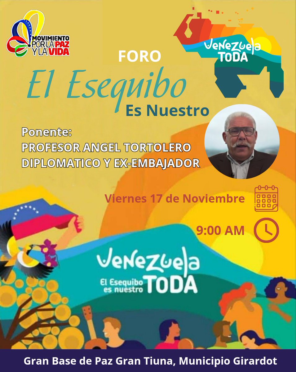 MPV_Araguaa's tweet photo. Te invitamos este #17DeNov a las instalaciones  de la G.B.P Gran tiuna al conversatorio del Esequibo es Nuestro con la Ponencia del Profesor Ángel Tortolero diplomático y ex- embajador.

"Juntos defendemos Nuestro Esequibo "

#ElEsequiboEsMío https://t.co/DLDbWfdwmO