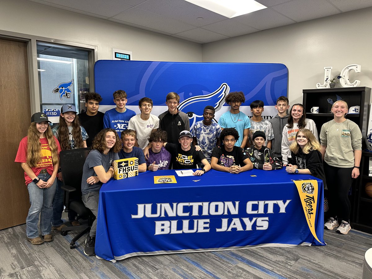 USD475's tweet photo. Congratulations to @junctioncity_hs cross country standout Ty Raulston on signing with Fort Hays State University on Wednesday. 

In the fall, Raulston helped the Blue Jays make history by capturing the Centennial League Boys Cross Country Championship. #ThriveIn475 #NSD24 https://t.co/XxxGYR5pVT
