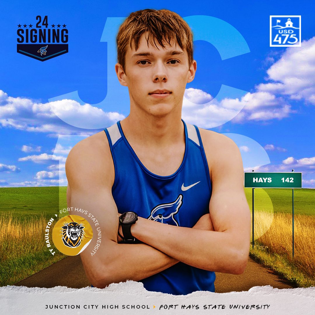 USD475's tweet photo. Congratulations to @junctioncity_hs cross country standout Ty Raulston on signing with Fort Hays State University on Wednesday. 

In the fall, Raulston helped the Blue Jays make history by capturing the Centennial League Boys Cross Country Championship. #ThriveIn475 #NSD24 https://t.co/XxxGYR5pVT