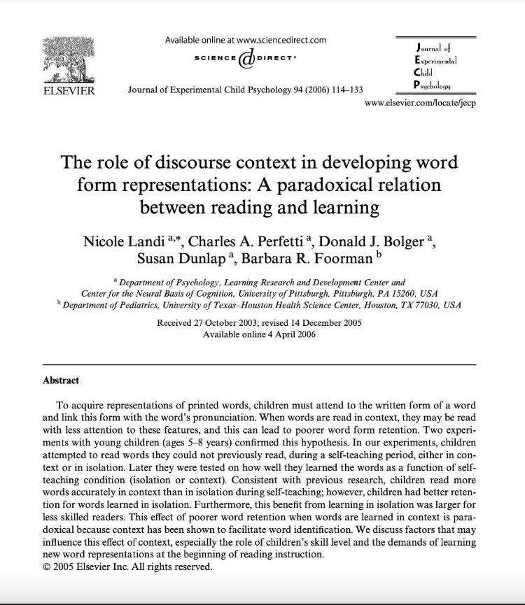 What kind of instruction allows young children to retain words in memory more effectively: reading words in context or reading words in isolation? The answer might surprise you!

Read the study here: sites.pitt.edu/~perfetti/PDF/…
