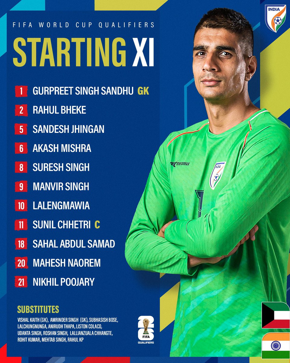 IndianFootball's tweet photo. 🚨 ᴛᴇᴀᴍ ɴᴇᴡꜱ 🚨

 🇮🇳Here's how our #BlueTigers 🐯 line-up 🆚 Kuwait 🇰🇼 tonight! 

💻 @SonyLIV 

#KUWIND⚔️ #FIFAWorldCup #BackTheBlue 💙 #IndianFootball ⚽ https://t.co/scTZKlu8fq