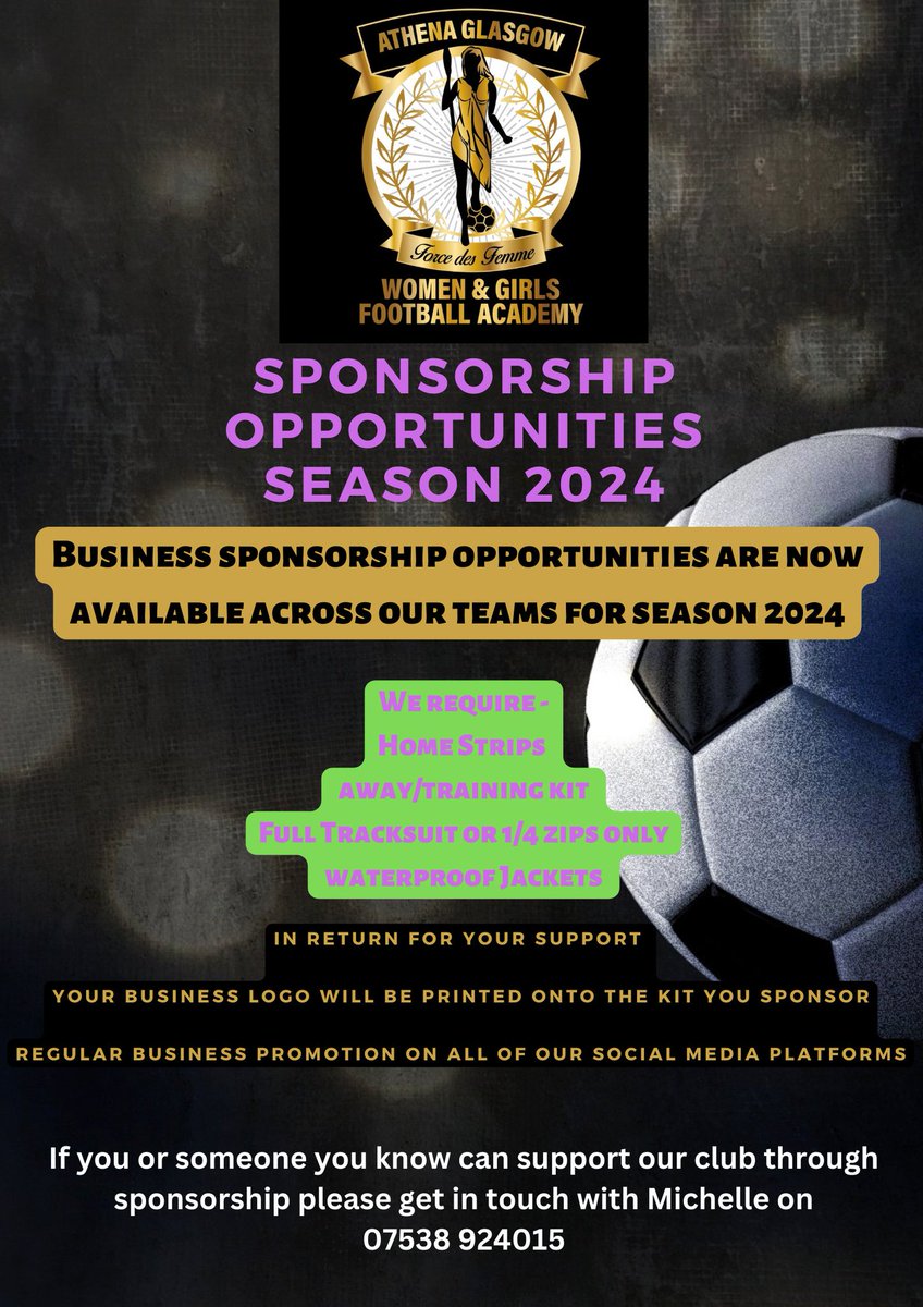 Hi everyone

As we prepare for Season 2024 we have new Sponsorship opportunities. 

This is a fantastic business opportunity to gain exposure and support Women and Girls Football in your community.

Please contact Michelle for full details and costings on 07538 924015

💜💚⚽️