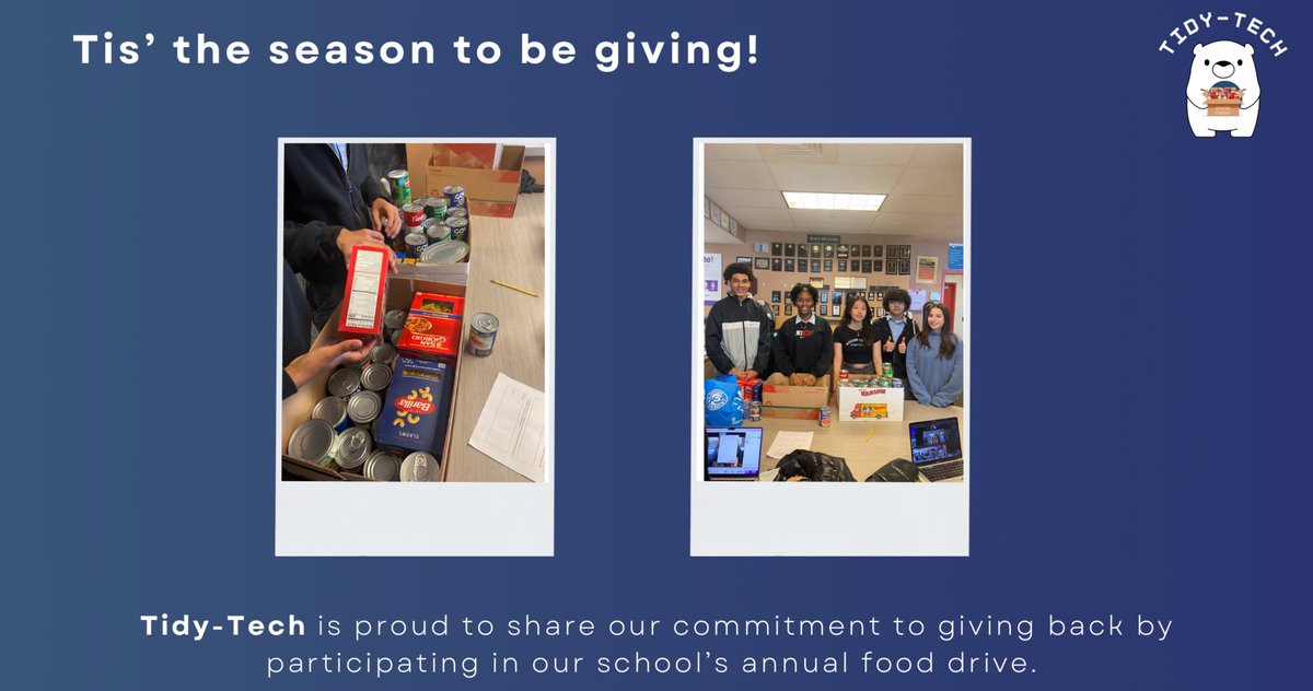tidytechVE's tweet photo. Tidy-Tech believes that everyone deserves a meal on their table, and by donating to our school’s annual food drive, we hope to make that belief a reality! 🍔🥗🥂💙🤍🐻‍❄️ #food #donate #donation #VE #virtualenterprise #NYC #NewYork #NewYorkCity #Thanksgiving #thanksgiving2023 https://t.co/jvfr3bVUU2