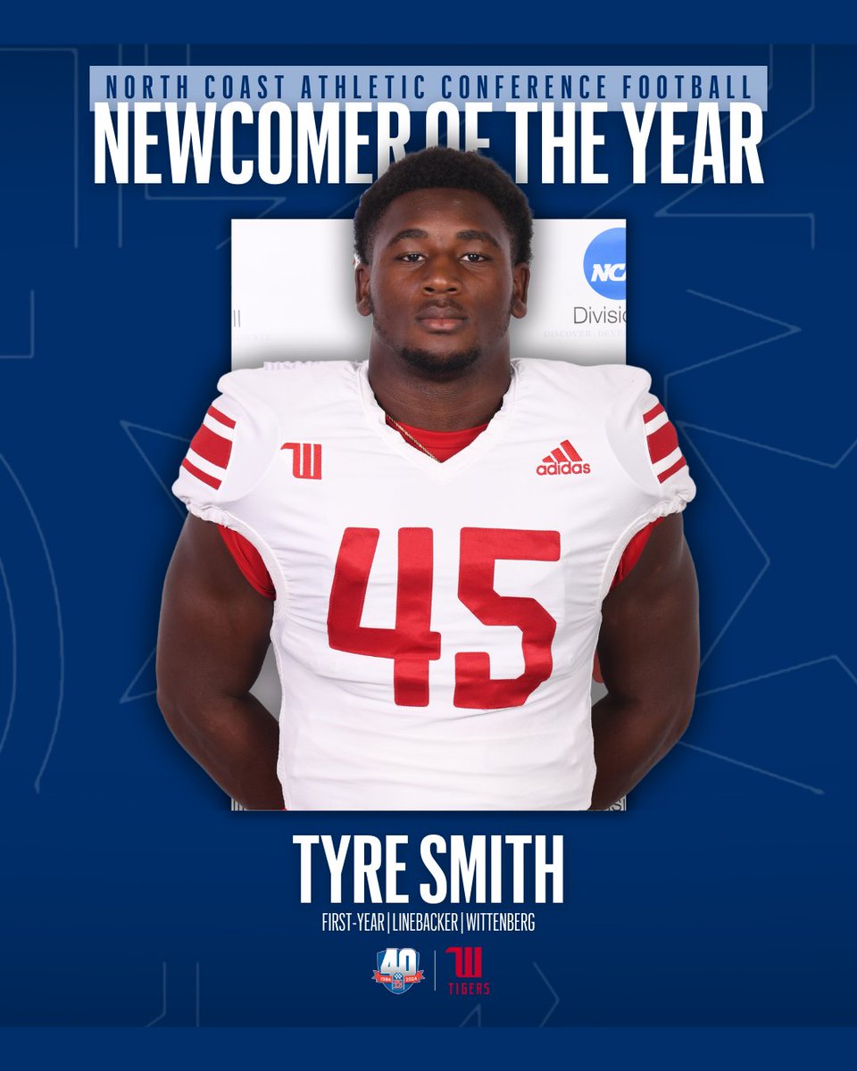 Trye Smith of <a href="/WittFootball/">Wittenberg Football</a> named the 2023 <a href="/NCAC/">NCAC</a> Newcomer of the Year!

Congrats Trye!!

#NCACPride | #NCACFamily | #NCACfb

Read the story to find out who made the 🏈 team: tinyurl.com/2frje933