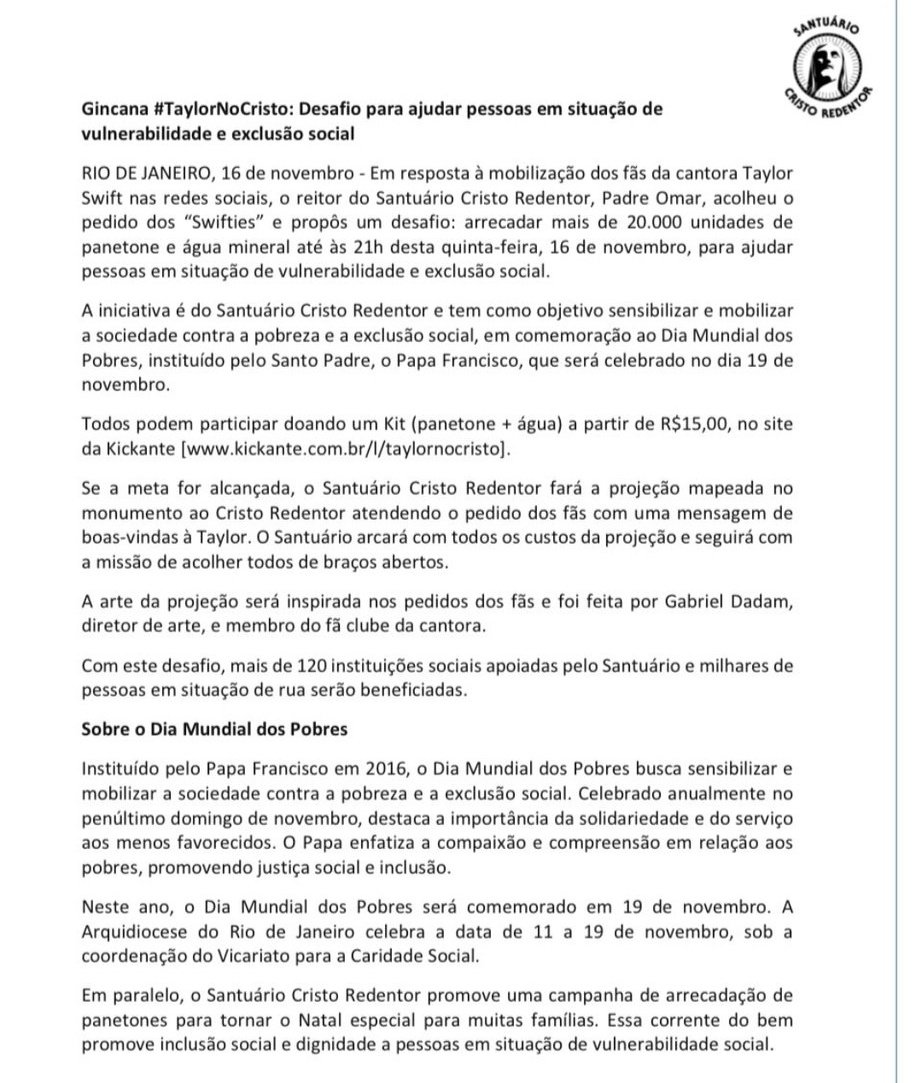 updateswiftbr's tweet image. 🚨 ATENÇÃO! O Santuário do Cristo Redentor está arrecadando alimentos e água em prol de uma ação humanitária.

A meta é arrecadar 20 mil unidades de panetone e água até às 21h de hoje para rolar o #TaylorNoCristo.

O kit está disponível a partir de R$15 no site disponibilizado…