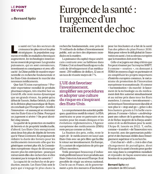 Dans ⁦⁦<a href="/LesEchos/">Les Echos</a>⁩ ma tribune pour une Europe de la santé. 

J'y propose un "SHIFT" : Soutien à l'industrie de la santé, Harmonisation du marché, Investissement durable, "Failure acceptance" et Transfert de l'innovation. 

👇 👇 👇