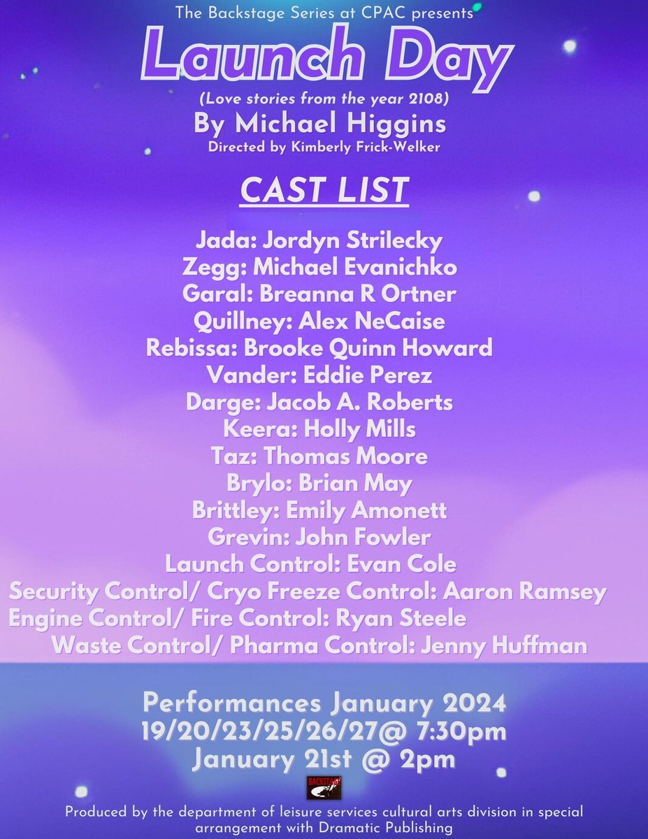Congratulations to the cast of LAUNCH DAY!

We're excited to get to work on this show. Mark your calendars, Launch Day, by Michael Higgins, opens January 19th, 2024!

#cpactn #castlist #launchday #backstageseries #january2024